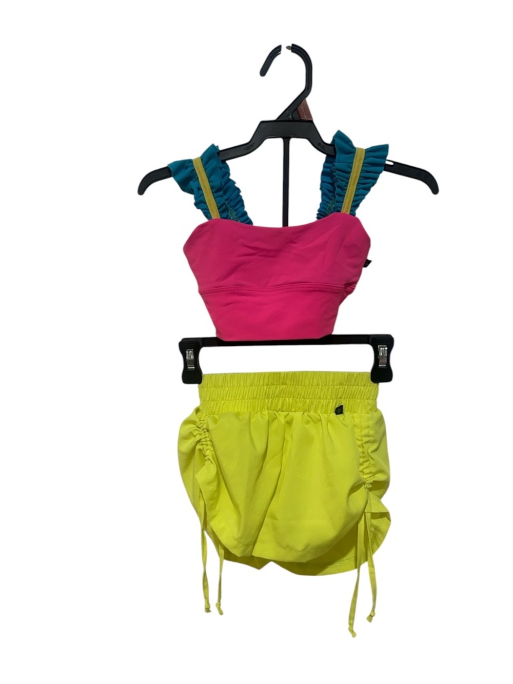 EUC Girls Neon Pink Yellow Dance Set Ruffle Sports Bra Shorts Dance Gymnastics - Picture 2 of 4